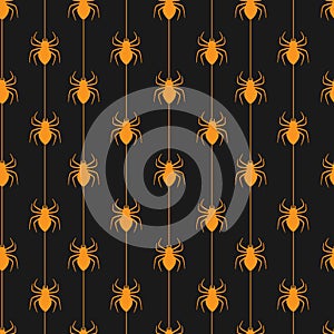 Vector seamless halloween pattern. Orange icons spiders with stripes on black background.
