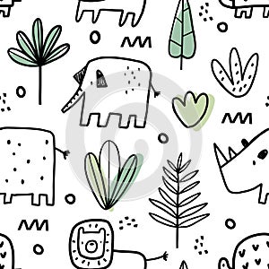 Vector seamless hand drawn doodle pattern with safari animals and tropical plants. Vector texture in childish style