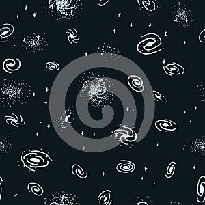 Vector seamless hand drawn galaxy background from spiral, elliptical, lenticular and irregular nebula. Space backdrop