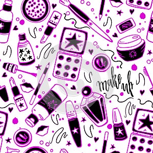 Vector seamless hand-drawn makeup pattern with text. Beautiful background, banner.