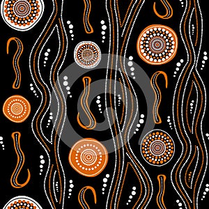 Vector seamless hand drawn pattern including ethnic Australian aboriginal motive with typical elements on black background