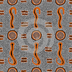 Vector seamless hand drawn pattern including ethnic Australian aboriginal shield motive with typical elements on dotted background