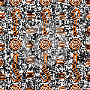 Vector seamless hand drawn pattern including ethnic Australian aboriginal shield motive with typical elements on dotted background
