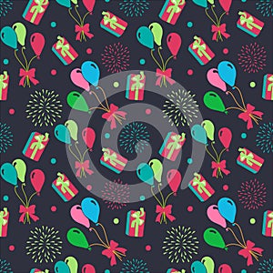 Vector seamless Happy birthday,festive pattern with colorful fireworks , balloon, box gift . birthday pattern seamless vector