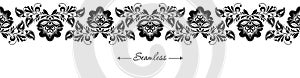 Vector seamless header with black floral border on white background for decoration design.