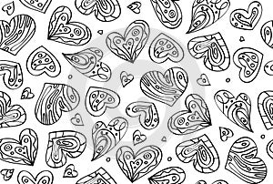 Vector seamless hearts pattern, black silhouettes isolated on white