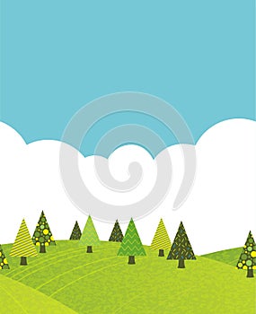 Vector Seamless Hilly Spring Forest Background Illustration With Text Space. Horizontally Repeatable.