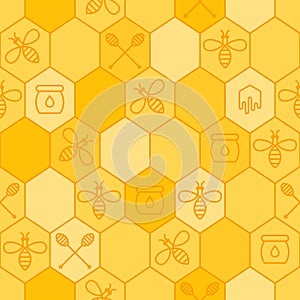 Vector seamless honey pattern. Outline bees, honeycombs, honey dipper symbol.