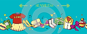 Vector seamless horizontal border with girls stuff. Fashion patterns with women`s clothing, jewelry, cosmetics, gifts and romance
