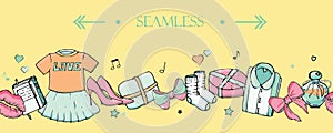 Vector seamless horizontal border with girls stuff. Fashion patterns with women`s clothing, jewelry, cosmetics, gifts and romance