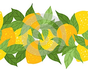 Vector seamless horizontal border with lemons and foliage. Frieze with citruses and leaves