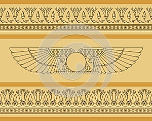 Vector seamless horizontal pattern of winged disk in egyptian style with lotus flowers