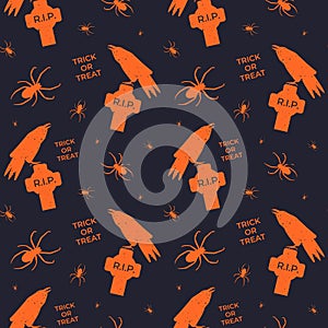 Vector seamless horror pattern for Helloween. Raven or crow sitting on tomb of cemetery with spider around and trick or treat