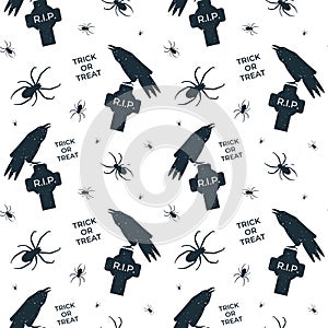 Vector seamless horror pattern for Helloween. Raven or crow sitting on tomb of cemetery with spider around and trick or treat