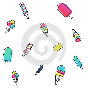 Vector seamless ice cream pattern. colorful cartoon background with fruit and chocolate popsicles.