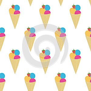 Vector seamless ice cream pattern. colorful cartoon background with fruit. isolated, paper wrapping design