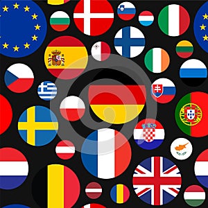 Vector seamless illustration set of European Union countries flags on black background. EU members flags.