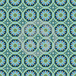 Vector, Seamless, Image in Islamic Style of Rectilinear Figures in Green and Blue Tones