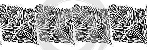 Vector seamless lace border with black silhouette crocuses isolated from background. Horizontal monochrome frieze with decorative