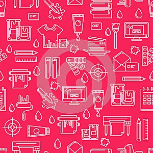 Vector seamless magenta pattern with white outline printing symbols and icons. Abstract background.