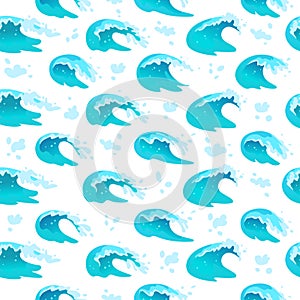 Vector seamless marine pattern with blue water waves isolated on white background in blue colors.strokes