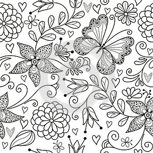 Vector seamless monochrome floral valentines pattern with hearts and dotty butterflies