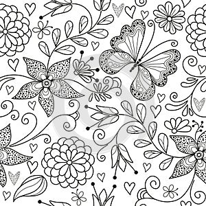 Vector seamless monochrome floral valentines pattern with hearts and dotty butterflies photo