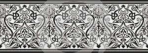 Vector seamless monochrome oriental ornament. Endless black Arabic patterned border, frame. Persian painting.