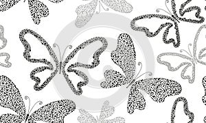 Vector seamless monochrome pattern with black doodle dotty butterflies