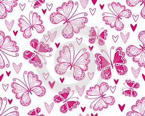 Vector seamless monochrome valentines pink pattern with pink hearts and dotty butterflies in doodle style o