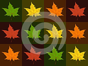 Vector seamless multicolored checkered pattern with bright Yellow, orange, red, brown and green maple leaves. Trendy color palette