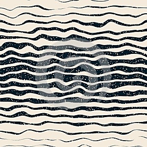 Vector Seamless Navy White Horizontal Hand Drawn Distorted Lines Retro Grunge Pattern