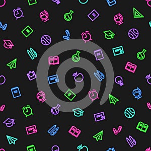 Vector seamless neon light back to school pattern. Glowing red, blue, green, purple education theme icons on dark background.