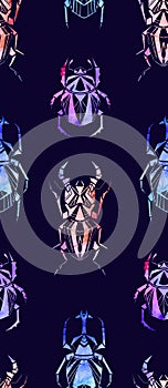 Vector seamless neon pattern with watercolor beetles and bedbugs on a purple background. Entomology texture