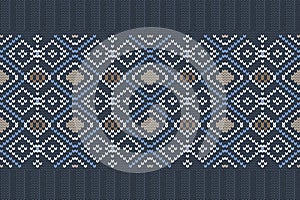 Vector seamless Nordic Knitting Pattern in blue, white, brown colors with snowflakes.