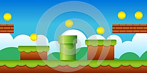 Vector Seamless Old Retro Video Game Background. Classic Style Game Design Scenery. photo