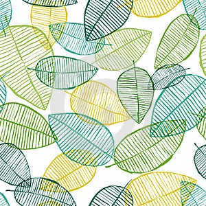 Vector seamless outline leaves pattern. Green and white