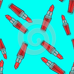 Vector seamless patter with red lipstick on turquoise background