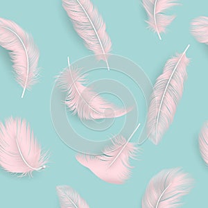 Vector Seamless Pattern with 3d Realistic Different Falling Pink Fluffy Twirled Feather on Blue Background. Design