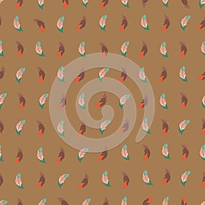 Vector seamless pattern with abstract colorful feathers.Brown background.