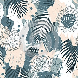 Vector seamless pattern with abstract design. Spots of paint and tropical monstera leaves and dypsis