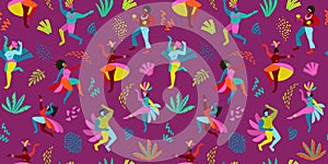 Vector seamless pattern with abstract men and women in bright costumes. Brazil carnival. Design templates for carnival