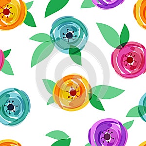 Vector seamless pattern with abstract multicolor rose flower and