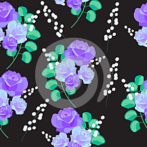 Vector seamless pattern with abstract purple roses on black, floral  background for textile