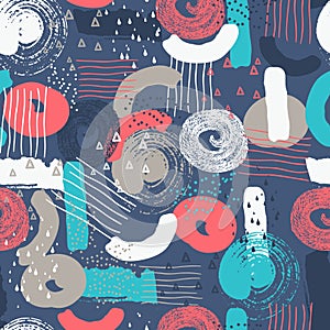 Vector seamless pattern with abstract shapes and scribbles. Creative textures. Stains of paint, ink. Artistic background