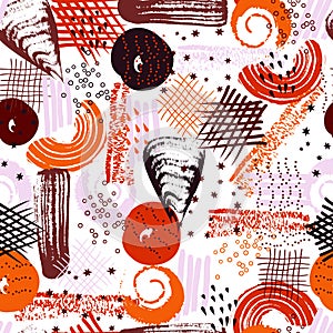 Vector seamless pattern with abstract shapes and scribbles. Creative textures. Stains of paint, ink. Artistic background
