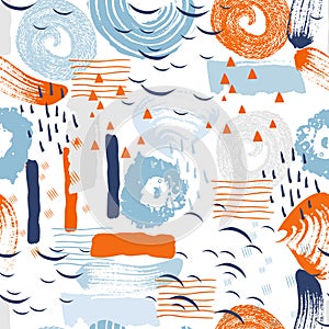 Vector seamless pattern with abstract shapes and scribbles. Creative textures. Stains of paint, ink. Artistic background