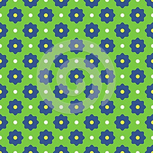 Vector seamless pattern. Abstract simple flower design. Blue, white, yellow elements on a green background. Modern