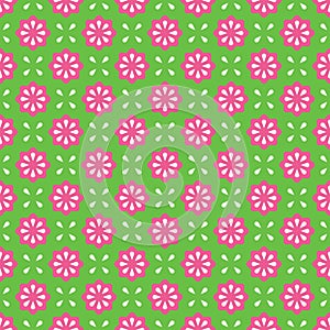 Vector seamless pattern. Abstract simple flower design. Pink and white elements on a green background. Modern minimal