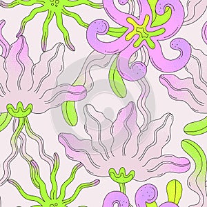 Vector seamless pattern with abstract wavy flowers on milky background. Summer or spring floral design for wallpaper